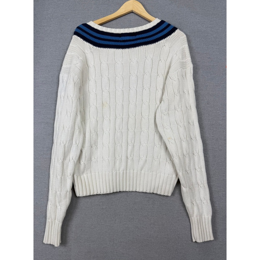 Polo Ralph Lauren Cricket Sweater Mens Large White Cable Knit Blue Stripe V-Neck - Picture 2 of 8